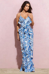 Blue Porcelain Print Ruffled Strappy Maxi Dress