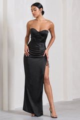 Black Satin Sweetheart Corset Asymmetric Maxi Dress