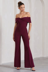 Burgundy Bardot Open-Back Flared-Leg Jumpsuit