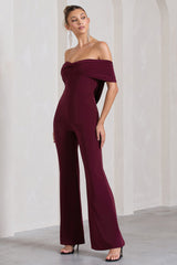Burgundy Bardot Open-Back Flared-Leg Jumpsuit