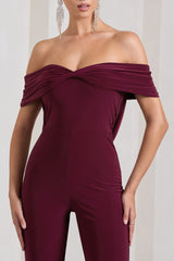 Burgundy Bardot Open-Back Flared-Leg Jumpsuit