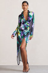 Watercolour Print Satin Long-Sleeved Maxi Shirt Dress