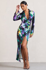 Watercolour Print Satin Long-Sleeved Maxi Shirt Dress