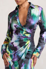 Watercolour Print Satin Long-Sleeved Maxi Shirt Dress