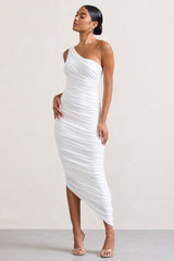 White One Shoulder Asymmetric Ruched Midi Dress