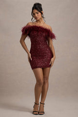 Burgundy Bodycon Sequin Mini Dress With Feather Trim