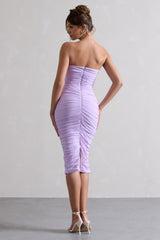 Lilac Strapless Bodycon Ruched Mesh Midi Dress