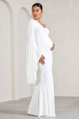 White V-Neck Split Maternity Maxi Dress With Cape Sleeve
