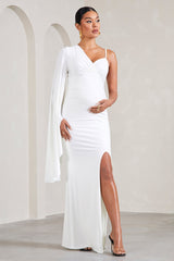 White V-Neck Split Maternity Maxi Dress With Cape Sleeve