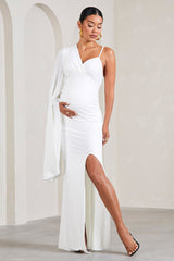 White V-Neck Split Maternity Maxi Dress With Cape Sleeve