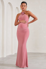 Blush Pink Halter-Neck Maternity Maxi Dress With Flower Corsage