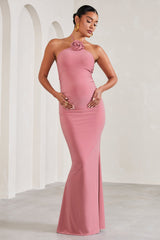 Blush Pink Halter-Neck Maternity Maxi Dress With Flower Corsage