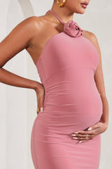 Blush Pink Halter-Neck Maternity Maxi Dress With Flower Corsage