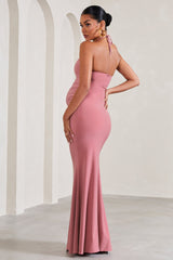 Blush Pink Halter-Neck Maternity Maxi Dress With Flower Corsage