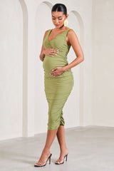Olive Ruched Scoop-Neck Sleeveless Maternity Midi Dress