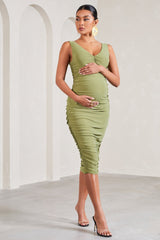 Olive Ruched Scoop-Neck Sleeveless Maternity Midi Dress
