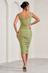 Olive Ruched Scoop-Neck Sleeveless Maternity Midi Dress