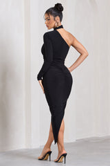 Black Asymmetric One-Sleeved Midi Dress With Scarf