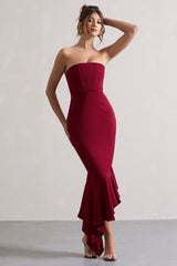 Berry Strapless Corset Asymmetric Maxi Dress