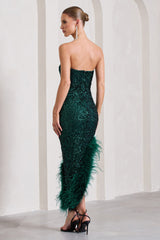 Bottle Green Sequin Asymmetric Bandeau Maxi Dress With Feathers