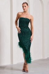 Bottle Green Sequin Asymmetric Bandeau Maxi Dress With Feathers