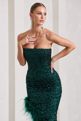 Bottle Green Sequin Asymmetric Bandeau Maxi Dress With Feathers