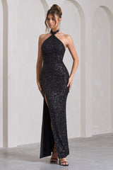 Black Sequin High-Neck Strappy-Back Split Maxi Dress