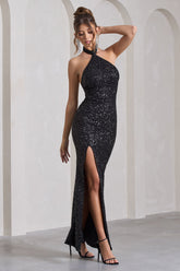 Black Sequin High-Neck Strappy-Back Split Maxi Dress