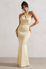 Lemon Satin Cross Over Halter-Neck Maxi Dress