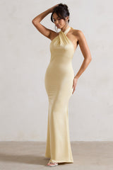 Lemon Satin Cross Over Halter-Neck Maxi Dress