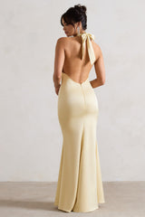 Lemon Satin Cross Over Halter-Neck Maxi Dress