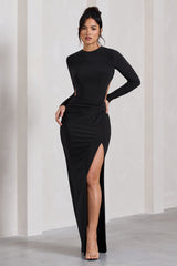Black Long-Sleeved Open-Back Wrap Maxi Dress