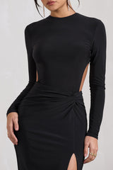 Black Long-Sleeved Open-Back Wrap Maxi Dress
