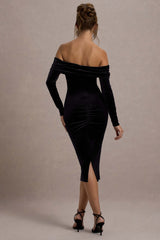 Black Velvet Bardot Midi Dress