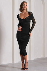 Black Ruched Mesh Long-Sleeved Bodycon Midi Dress