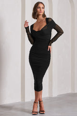 Black Ruched Mesh Long-Sleeved Bodycon Midi Dress