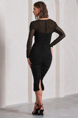 Black Ruched Mesh Long-Sleeved Bodycon Midi Dress