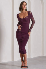 Plum Ruched Mesh Long-Sleeved Bodycon Midi Dress
