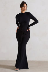 Black High-Neck Long Sleeve Knot Maxi Dress