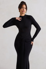Black High-Neck Long Sleeve Knot Maxi Dress