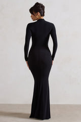 Black High-Neck Long Sleeve Knot Maxi Dress