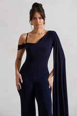Navy Asymmetric Draped Straight-Leg Jumpsuit With Cape Sleeve