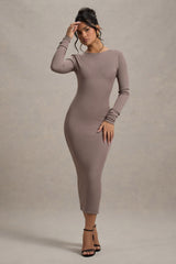 Taupe Rib Knit Cowl-Back Midi Dress