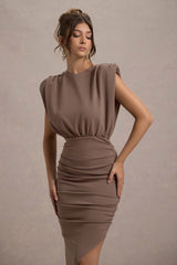 Mocha Sleeveless Maxi Dress With Asymmetric Hem