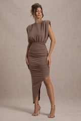 Mocha Sleeveless Maxi Dress With Asymmetric Hem