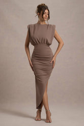 Mocha Sleeveless Maxi Dress With Asymmetric Hem