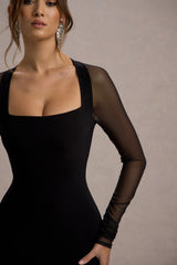 Black Bodycon Midi Dress With Sheer Sleeves