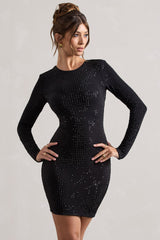 Black Embellished Cowl-Back Long Sleeve Mini Dress
