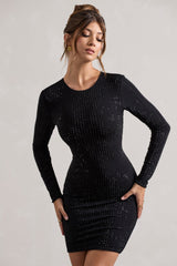 Black Embellished Cowl-Back Long Sleeve Mini Dress