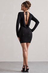 Black Embellished Cowl-Back Long Sleeve Mini Dress